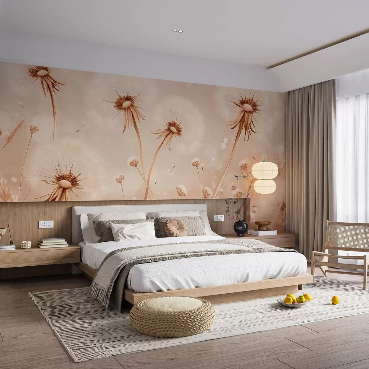 Fototapetes Elegantas pienenes un savvaļas puķes glezniecības stilā siltos toņos w08657