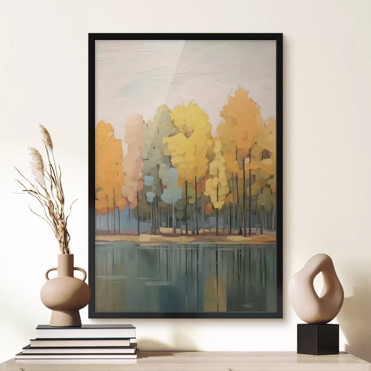 Plakāts Rudens birzs pie dīķa glezniecības imitācija f42586
