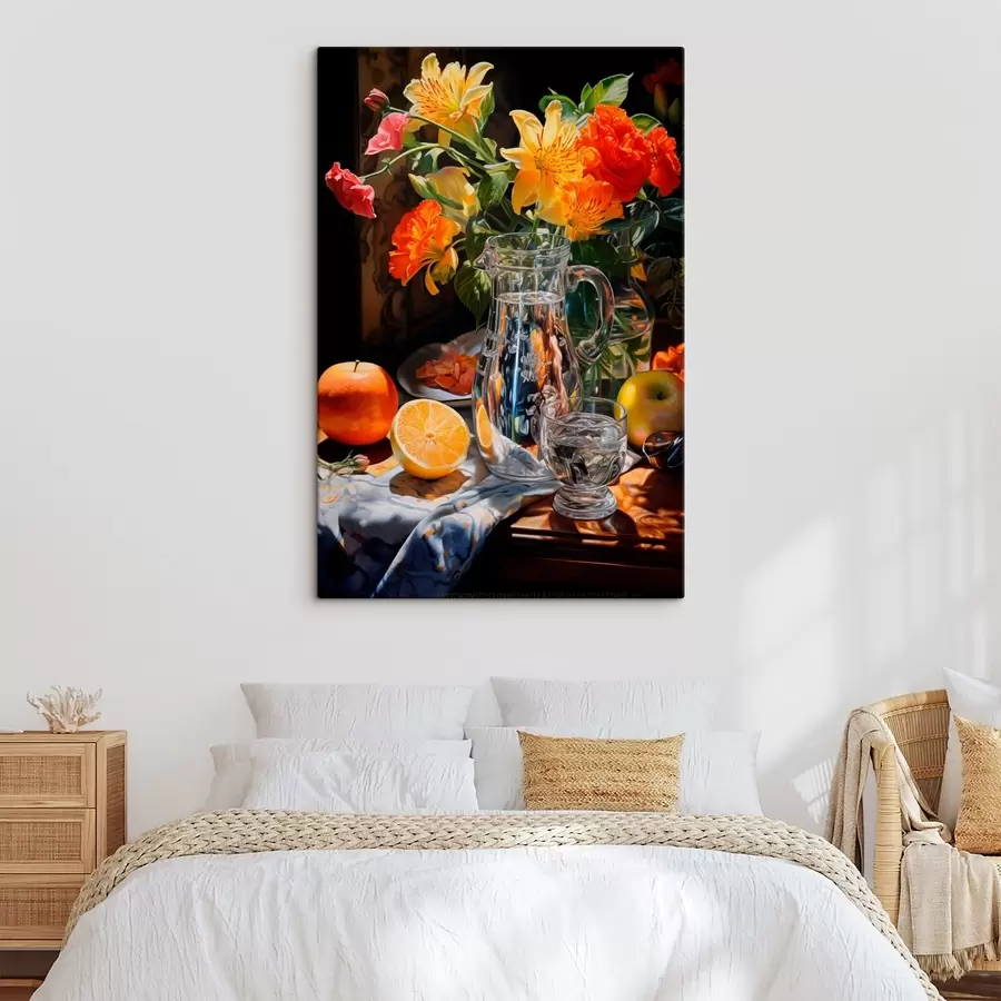 Glezna Klusā daba ar košu ziedu pušķi dzeltenos un sarkanos toņos, stikla krūzi, citrusaugļiem un āboliem uz izgaismota galda. s42560
