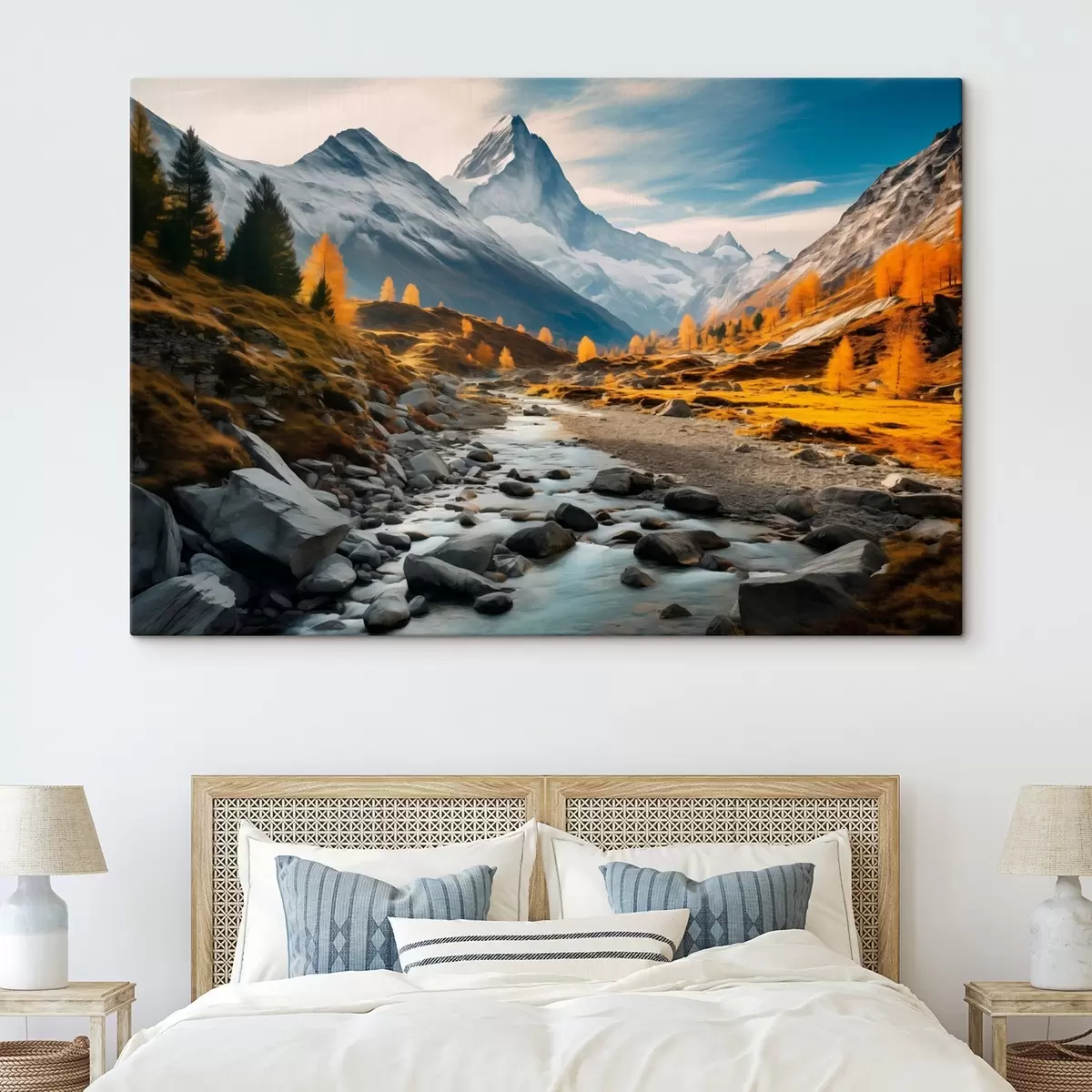 Glezna Rudens kalnu ainava ar straujo upi, kokiem un majestātisko virsotni pret gaišo debesu fonu. s42564