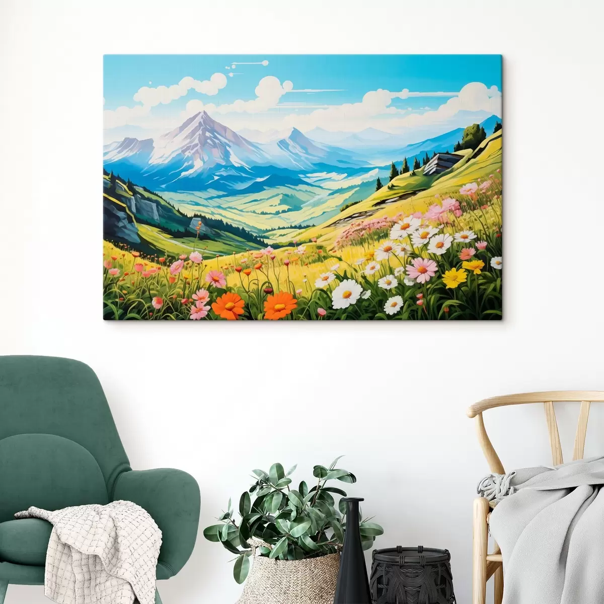 Glezna Spilgta kalnu ainava ar ziedošām pļavām, zaļiem pakalniem un majestātiskām virsotnēm zem skaidrām zilām debesīm. s42565