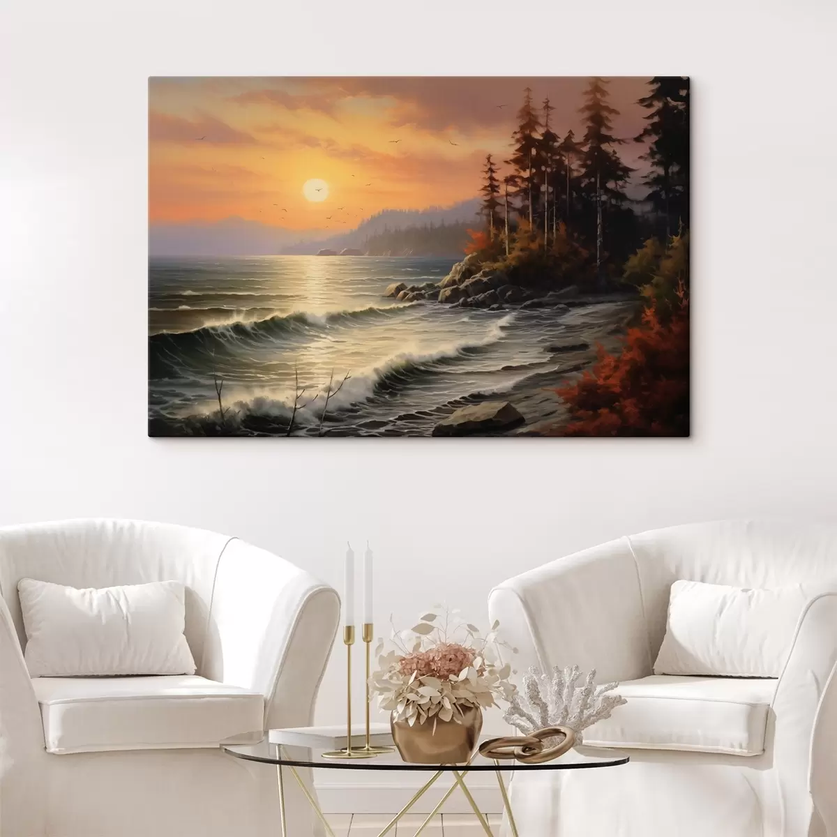 Glezna Saulriets virs jūras krasta ar viļņiem, priežu mežu un rudens krāsām priekšplānā. s42571