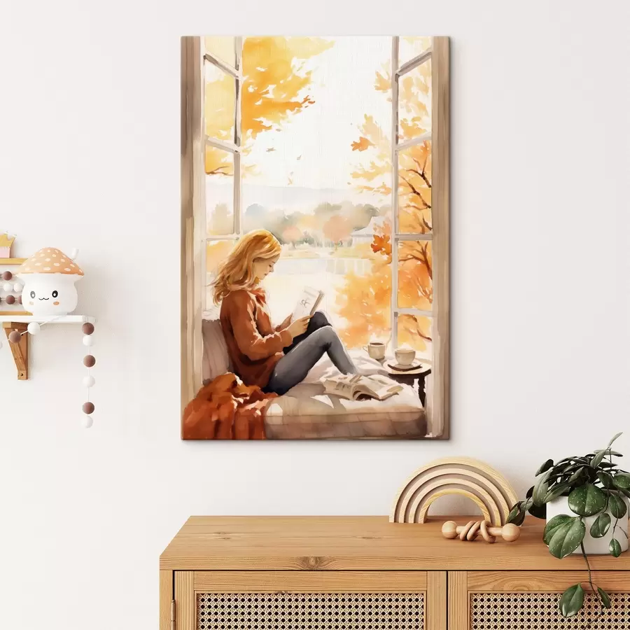 Glezna Meitene lasa grāmatu pie atvērtā loga rudens ainavā, ar gaišiem kokiem fonā un tējas tasi blakus. s42572