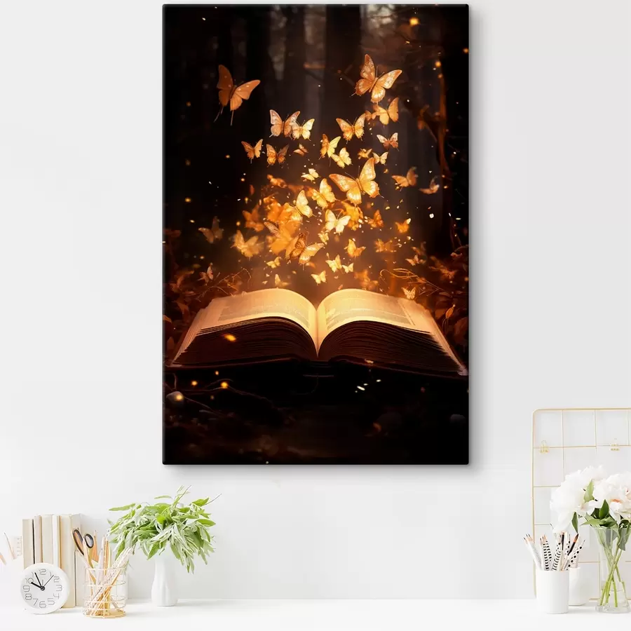 Glezna Atvērta grāmata, no kuras tumšā, maģiskā mežā gaismas stariem mirdz gaismas tauriņi. s42573