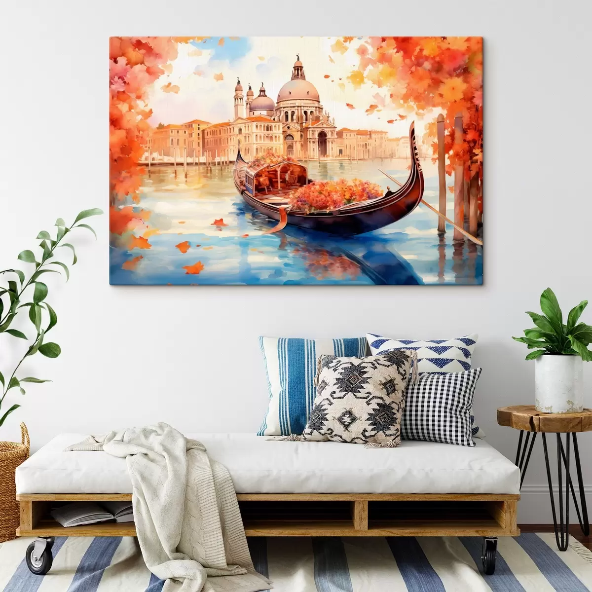 Glezna Venēcijas rudens skats ar gondolu, ko ieskauj koši oranžās un sarkanās lapas, un ēku atspulgi mierīgajā kanāla ūdenī. s42576