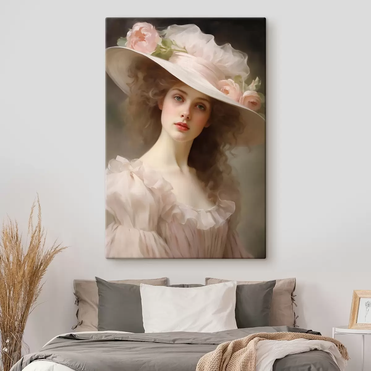 Glezna Jaunas sievietes portrets ar romantisku un izsmalcinātu sejas izteiksmi maigi rozā kleitā un ziedu rotātā cepurē. s42581