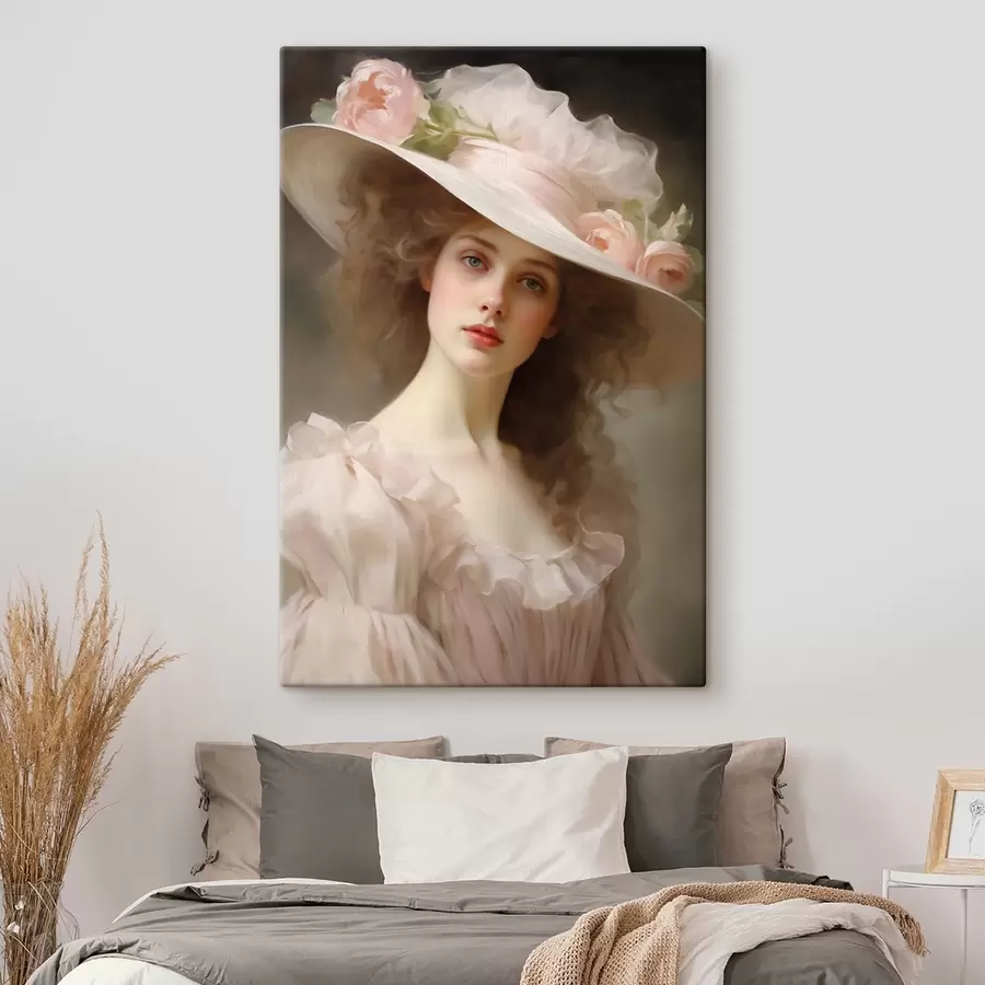 Glezna Jaunas sievietes portrets ar romantisku un izsmalcinātu sejas izteiksmi maigi rozā kleitā un ziedu rotātā cepurē. s42581