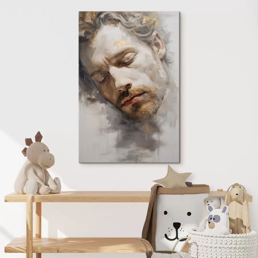 Glezna Abstrakts vīrieša portrets ar aizvērtām acīm, kas veidots maigos, siltos toņos ar gludiem otas triepieniem, kuri rada miera sajūtu. s42621