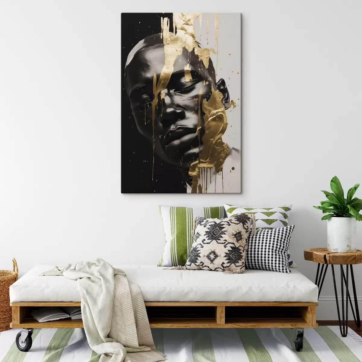 Glezna Abstrakts vīrieša portrets gludos melnbaltos toņos, ko izceļ spilgti siltas krāsas otas triepieni, kas rada dinamisku efektu. s42623