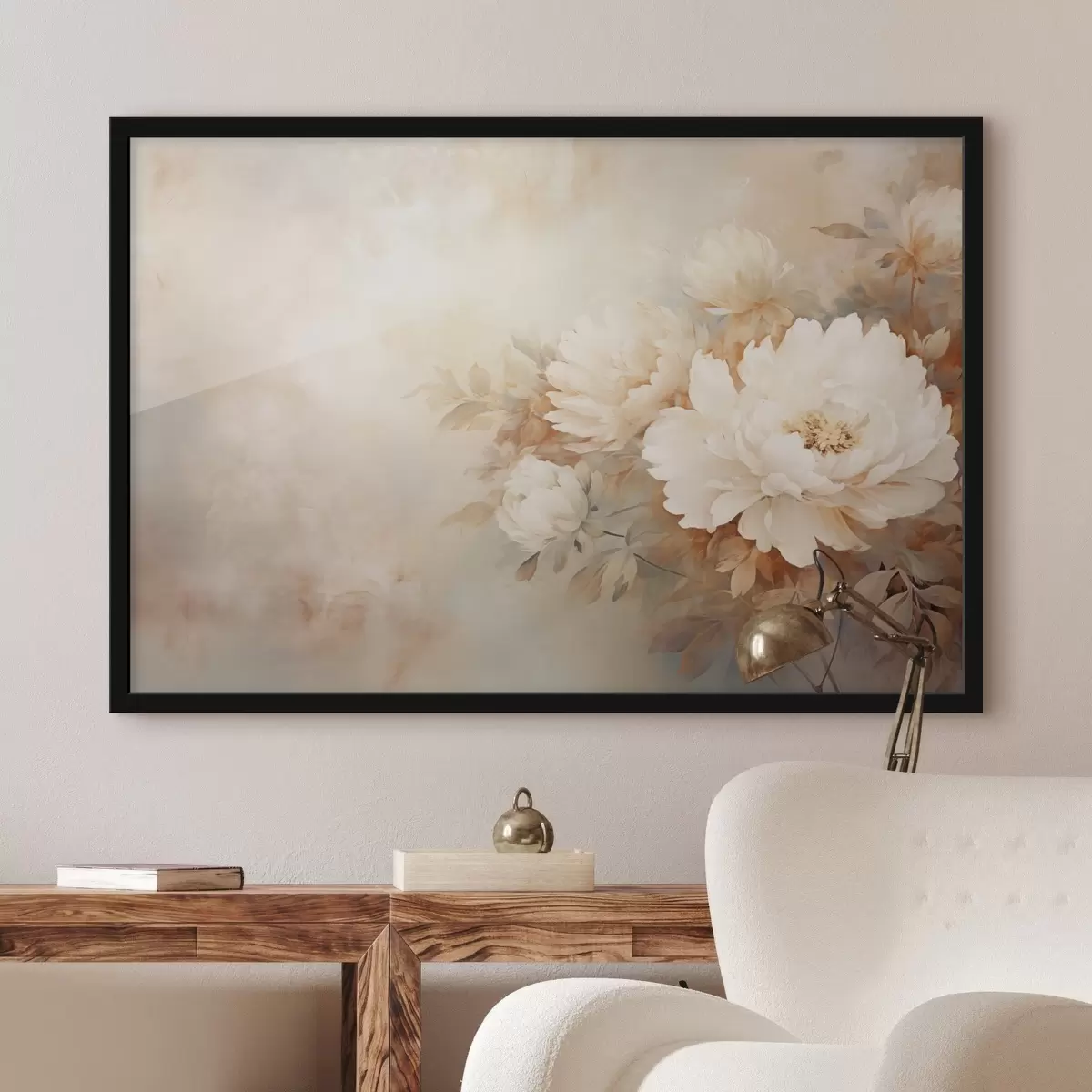 Plakāts Delikātas peonijas pasteļkrēma toņos uz izplūduša fona, kas rada maigu un romantisku noskaņu. f42558