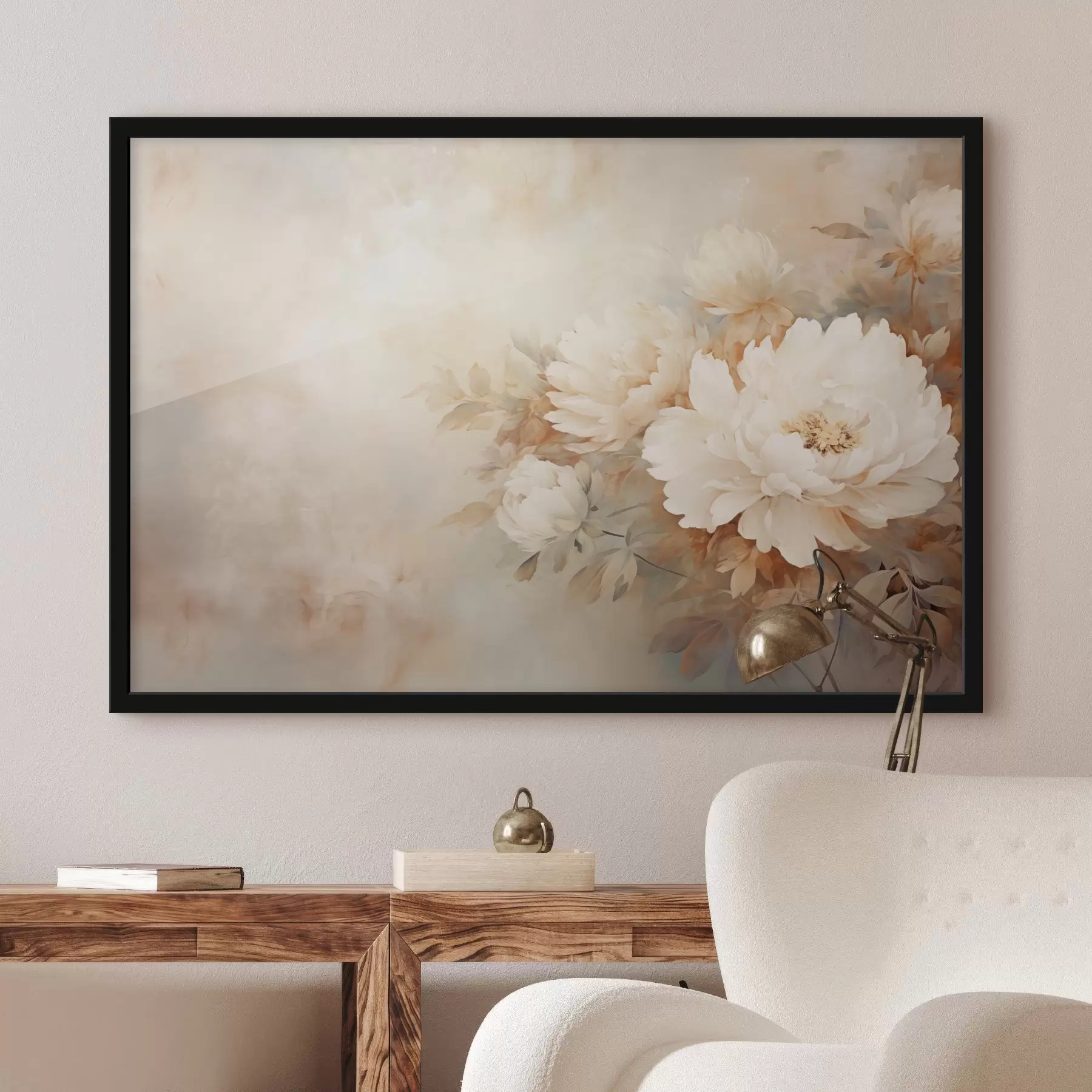 Fototapetes Delikātas peonijas pasteļkrēma toņos uz izplūduša fona, kas rada maigu un romantisku noskaņu. f42558