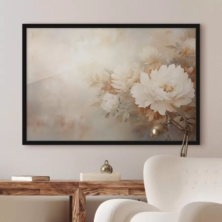 Fototapetes Delikātas peonijas pasteļkrēma toņos uz izplūduša fona, kas rada maigu un romantisku noskaņu. f42558