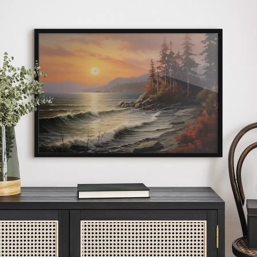 Fototapetes Saulriets virs jūras krasta ar viļņiem, priežu mežu un rudens krāsām priekšplānā. f42571