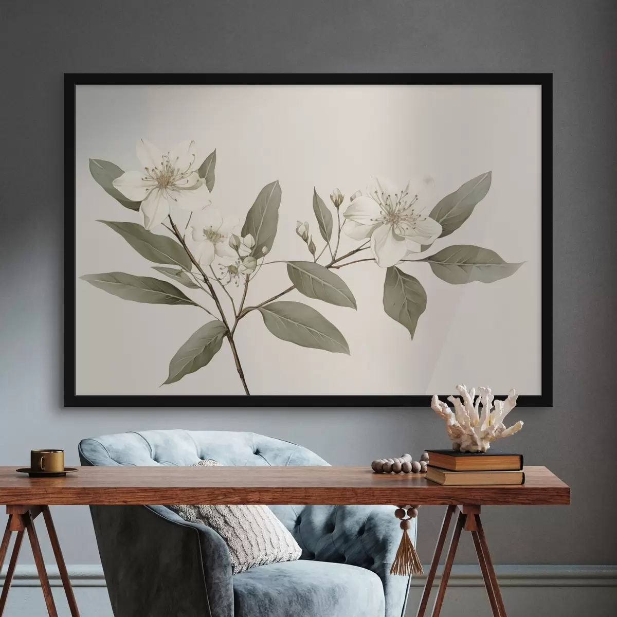 Plakāts Smalks zars ar baltiem ziediem un zaļām lapām uz gaiša fona, ar maigām detaļām un elegantu stilu. f42583