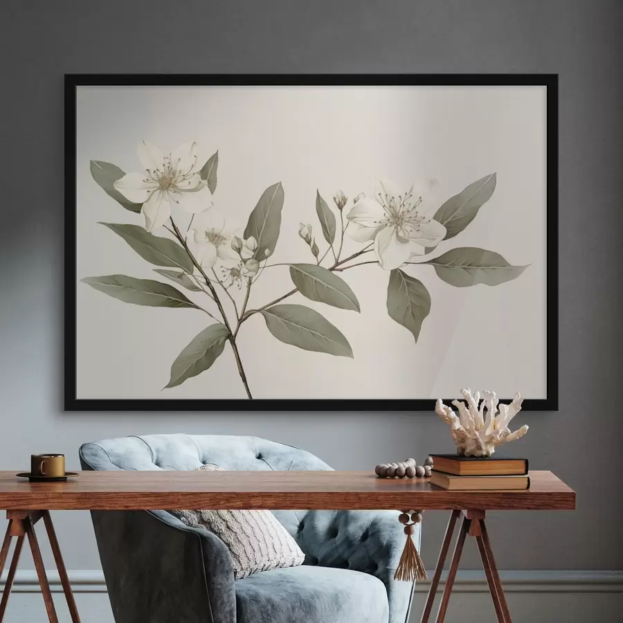 Fototapetes Smalks zars ar baltiem ziediem un zaļām lapām uz gaiša fona, ar maigām detaļām un elegantu stilu. f42583