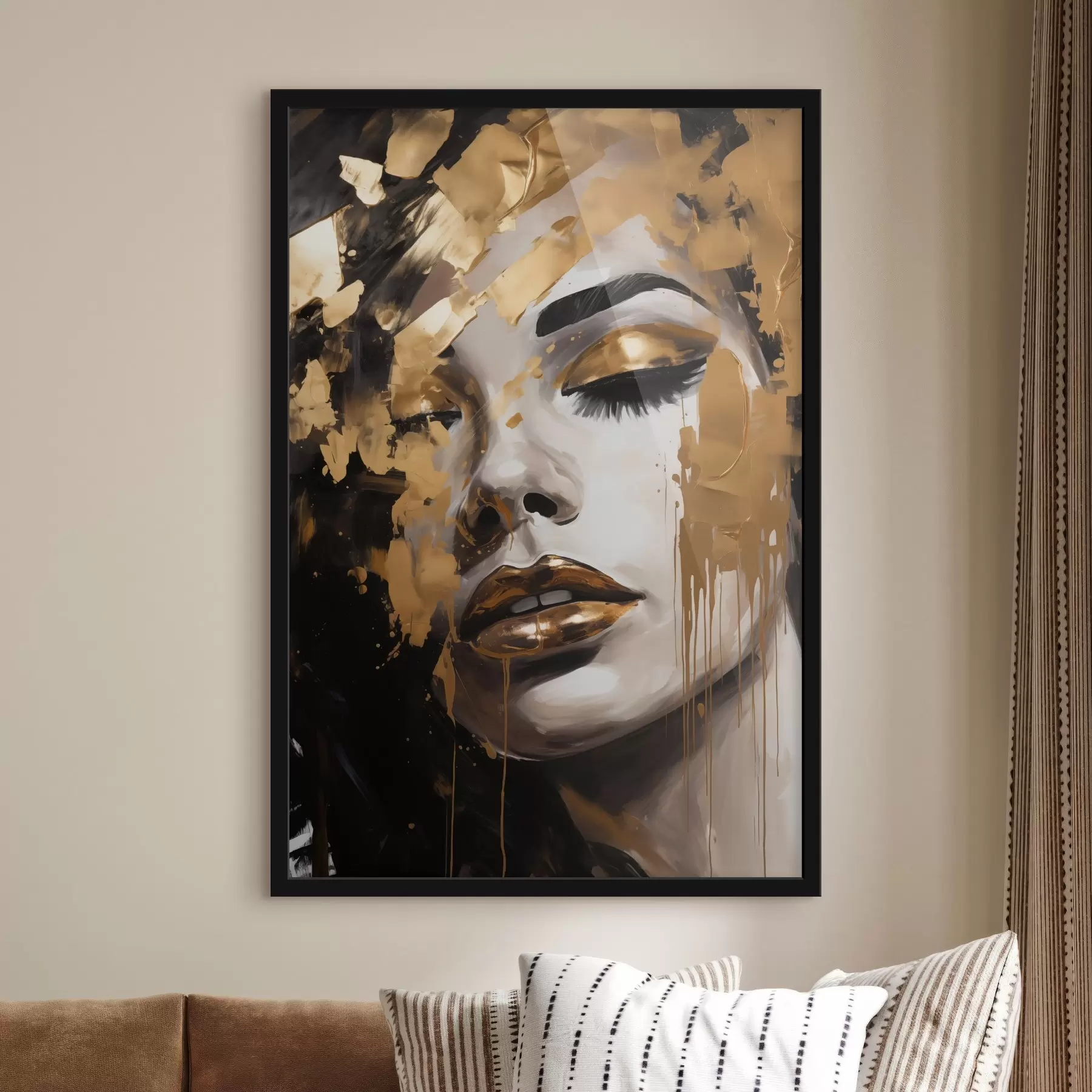 Fototapetes Sievietes abstrakts portrets ar bagātīgiem otas triepieniem siltos toņos, kas rada spilgtu un dramatisku tēlu. f42619