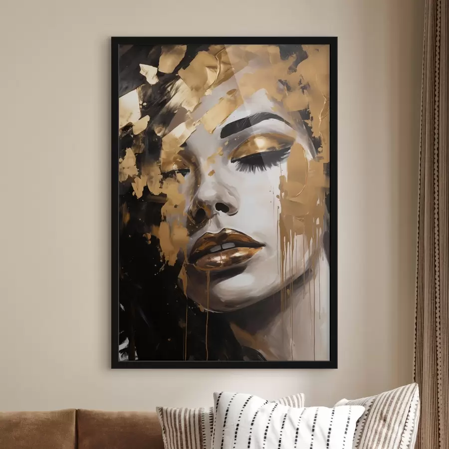 Fototapetes Sievietes abstrakts portrets ar bagātīgiem otas triepieniem siltos toņos, kas rada spilgtu un dramatisku tēlu. f42619