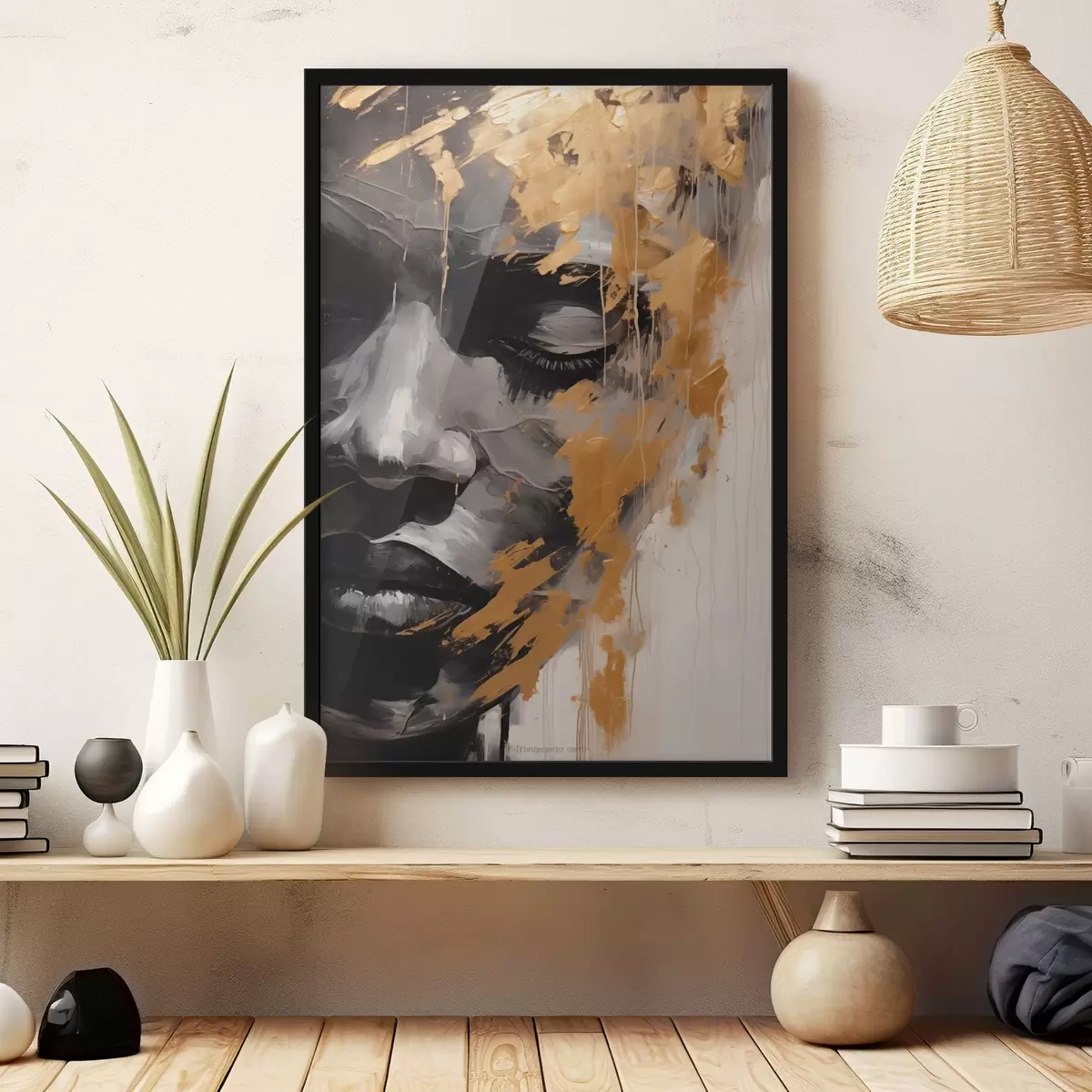 Plakāts Sievietes abstrakts portrets melnbaltos toņos ar drosmīgiem, siltiem otas triepieniem, kas piešķir kontrastu un emocionālu dziļumu. f42622