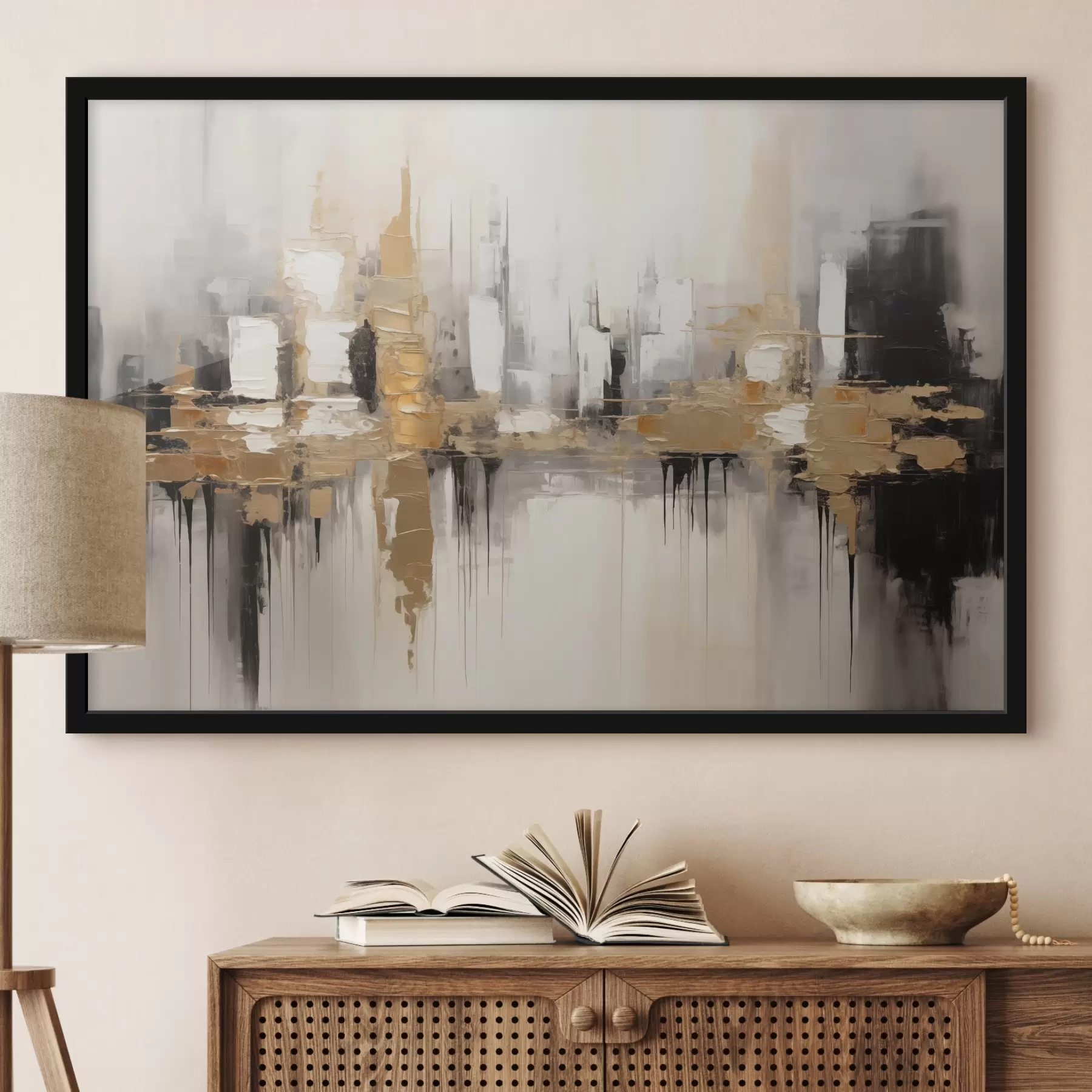 Fototapetes Abstrakta pilsētas ainava ar ēku atspīdumiem ūdenī, kas veidota neitrālos toņos ar siltu toņu akcentiem. f42628