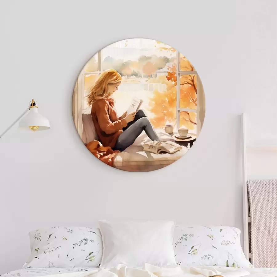 Glezna Meitene lasa grāmatu pie atvērtā loga rudens ainavā, ar gaišiem kokiem fonā un tējas tasi blakus r42572