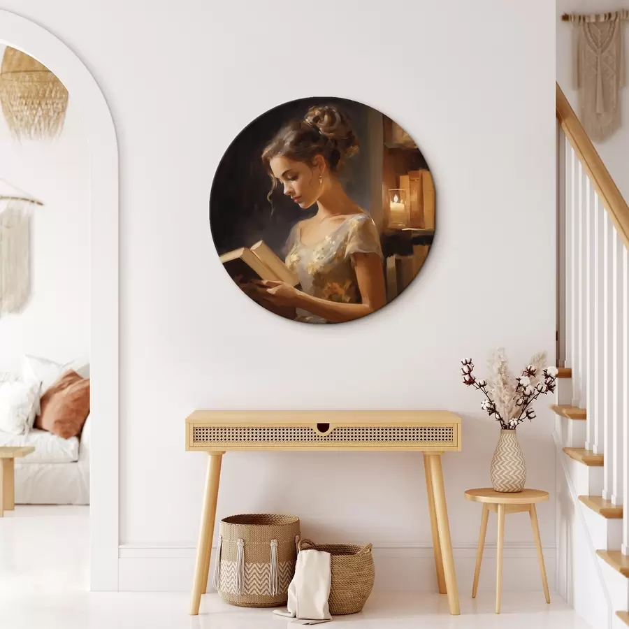 Glezna Jauna sieviete elegantā kleitā lasa grāmatu atmosfēriskā apgaismojumā, grāmatu plauktu ieskauta un sveču maigā gaismā r42570