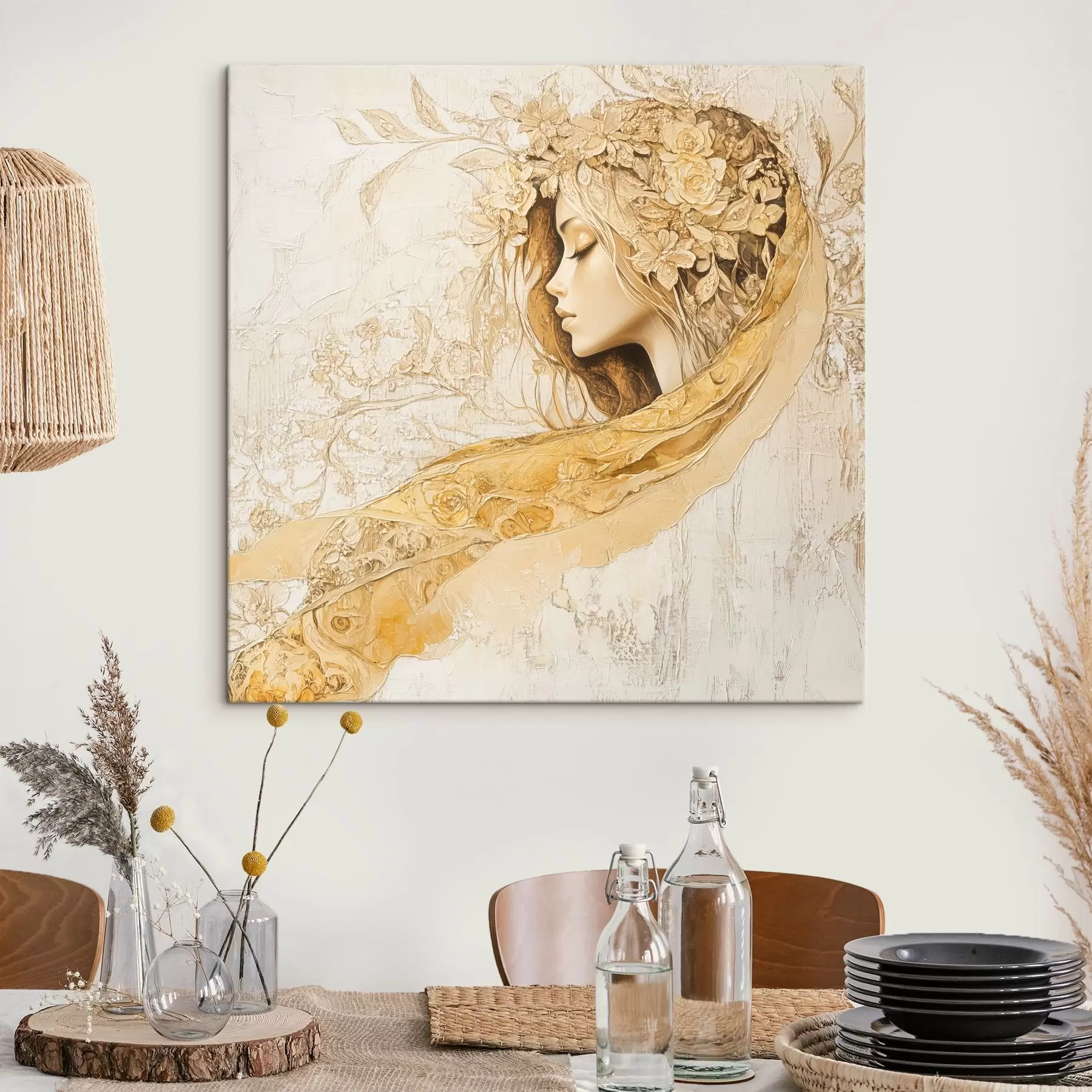 Fototapetes Maiga meitene eļļas glezniecības stilā ar ziediem s42616