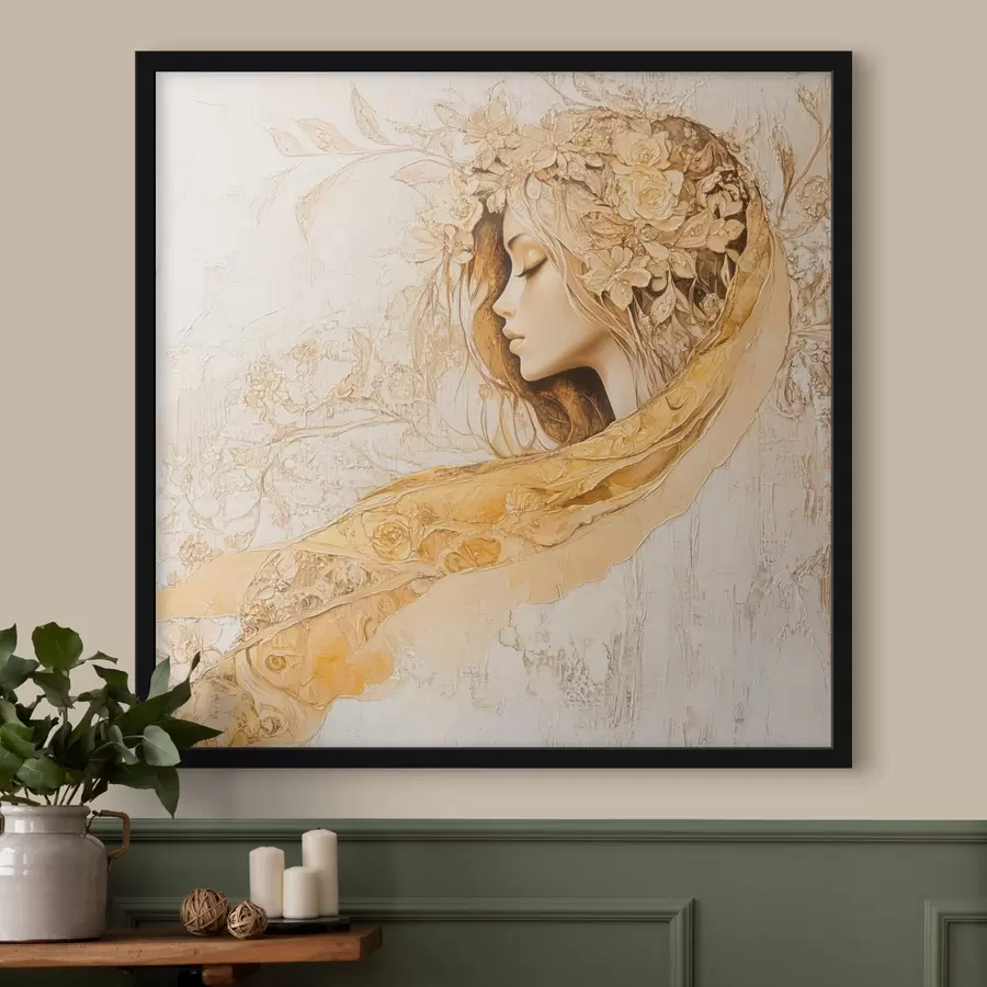 Fototapetes Maiga meitene eļļas glezniecības stilā ar ziediem f42616