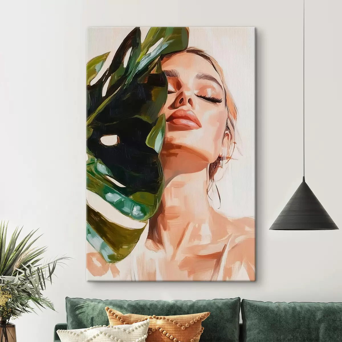 Glezna Sievietes portrets ar monsteras lapu ar otas triepienu imitāciju s42597