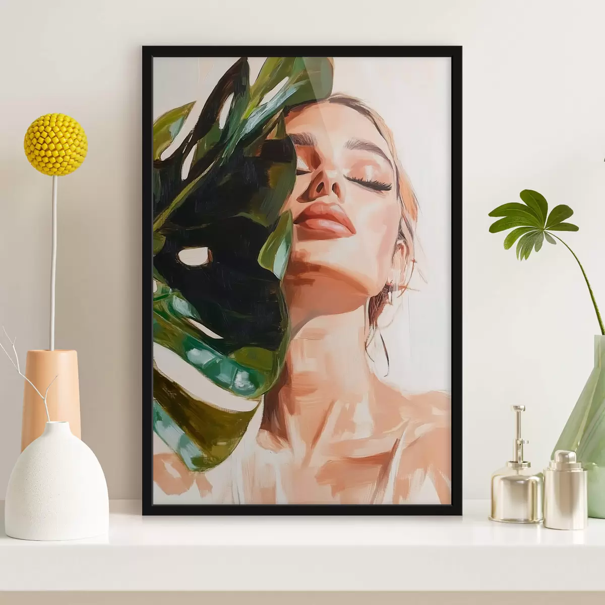 Plakāts Sievietes portrets ar monsteras lapu ar otas triepienu imitāciju f42597