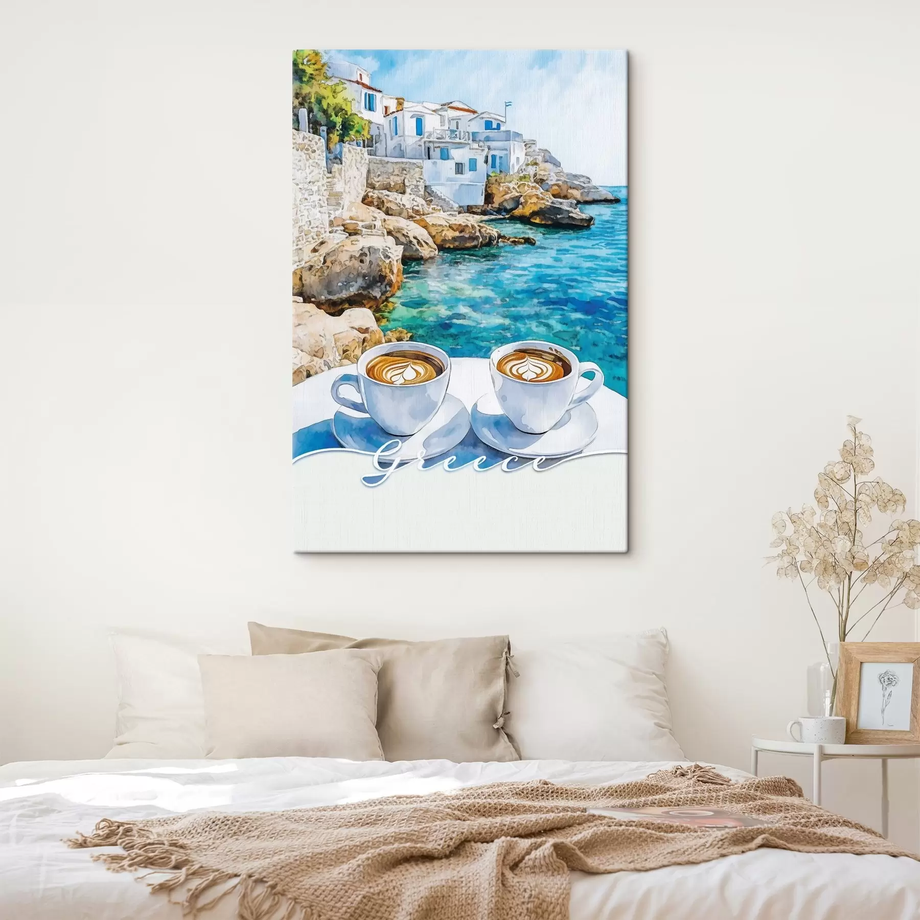 Glezna Grieķija estētika, kafijas tases, zilā jūra, vecpilsēta, ceļojumi, vecpilsēta s42447