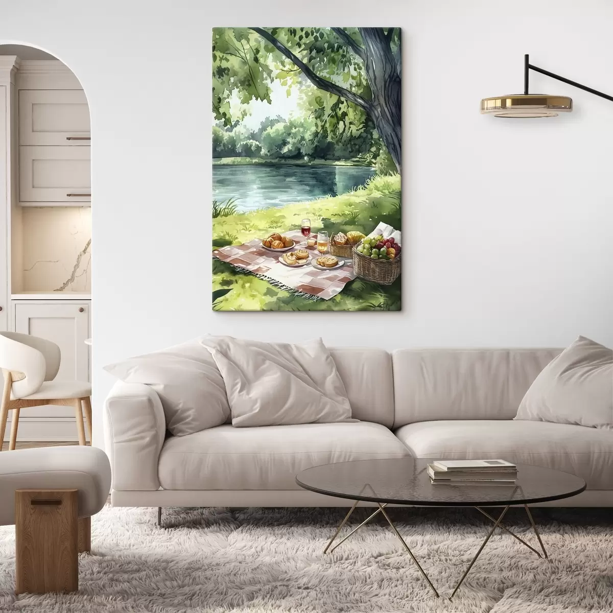 Glezna Skaists romantisks pikniks pie vasaras ezera, augļi, zaļumi s42451
