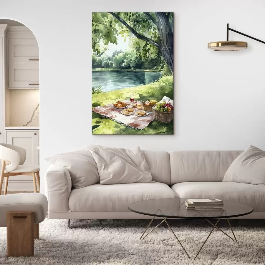 Glezna Skaists romantisks pikniks pie vasaras ezera, augļi, zaļumi s42451