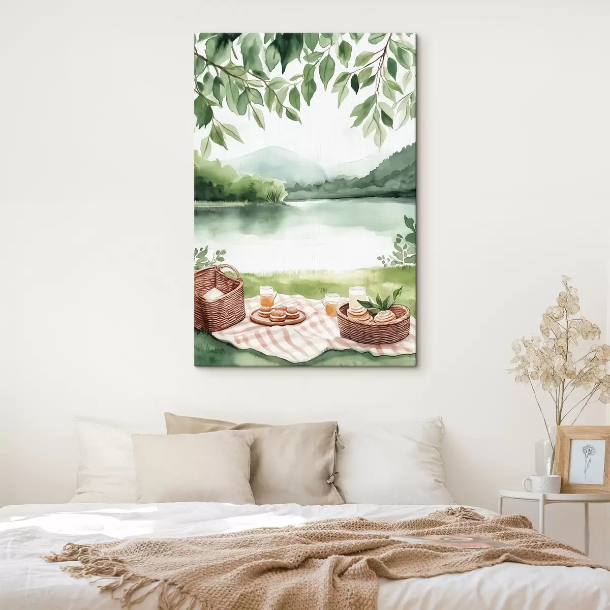 Glezna Vasaras pikniks akvareļu stilā, zemniecisks, ezers, zaļumi, pārtikas grozi  s42452