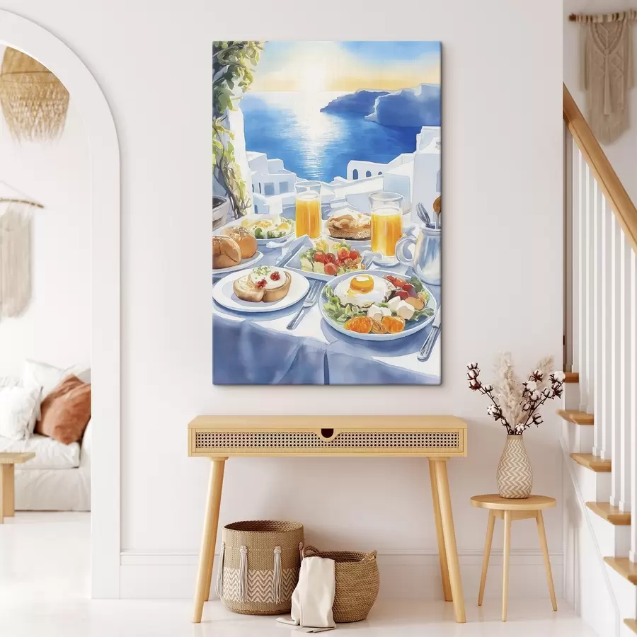 Glezna Santorini ainavas, brokastis, akvareļu stilā, vecpilsēta s42454