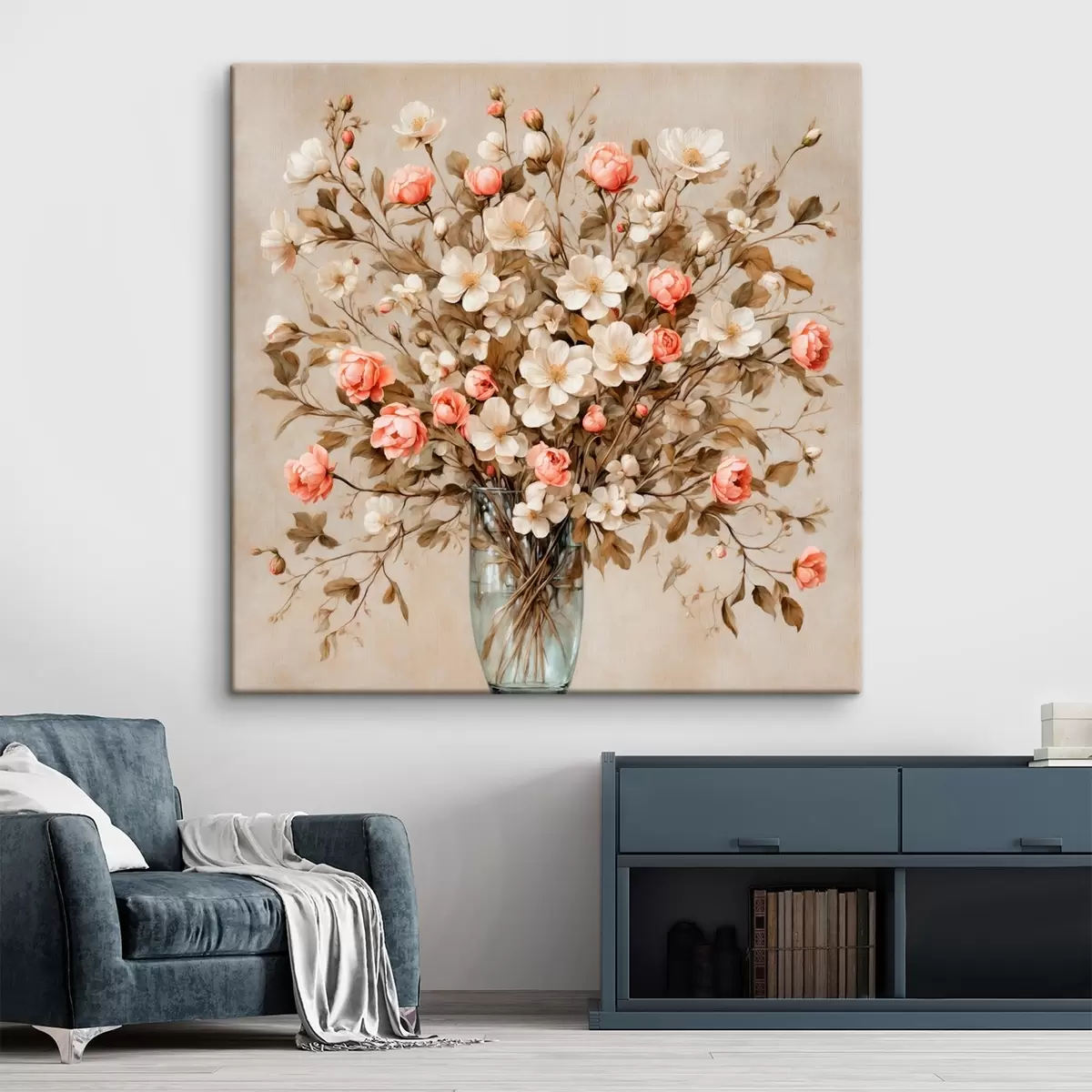 Glezna Ziedi caurspīdīgā vāzē uz bēša fona s42534