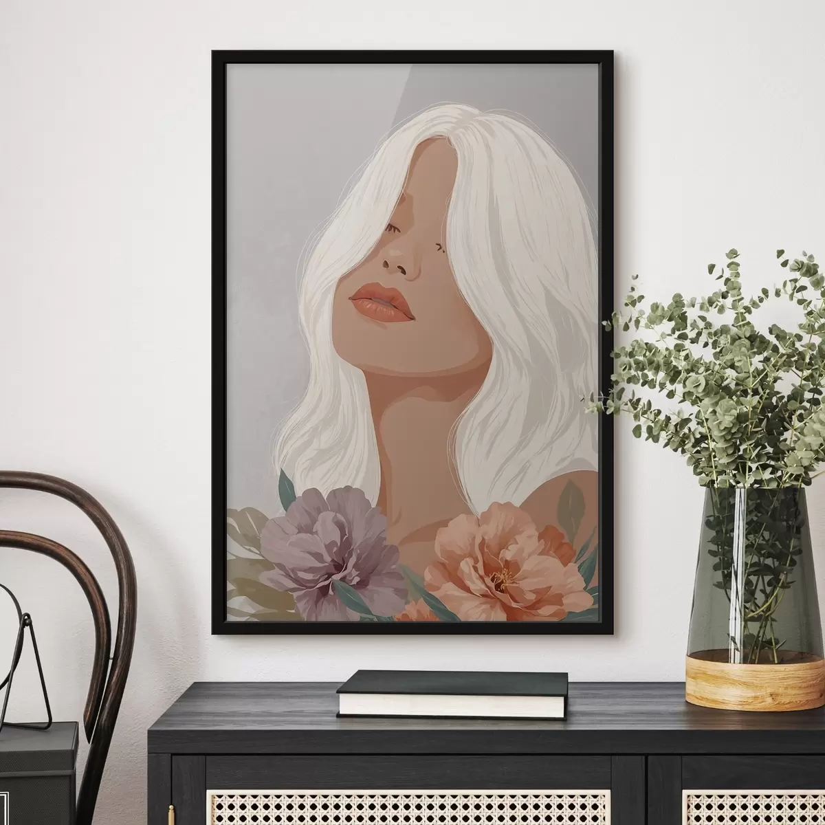 Plakāts Meitene uz pelēka fona vektoru grafikā f42521