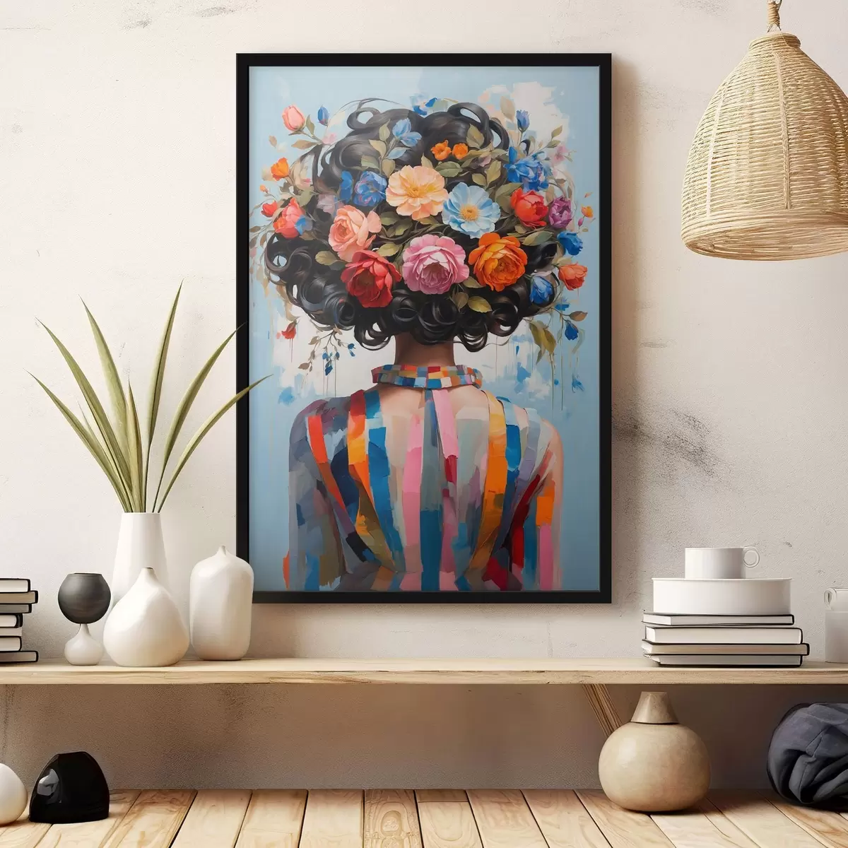 Plakāts Meitene ar krāsainu kleitu un ziediem f42524