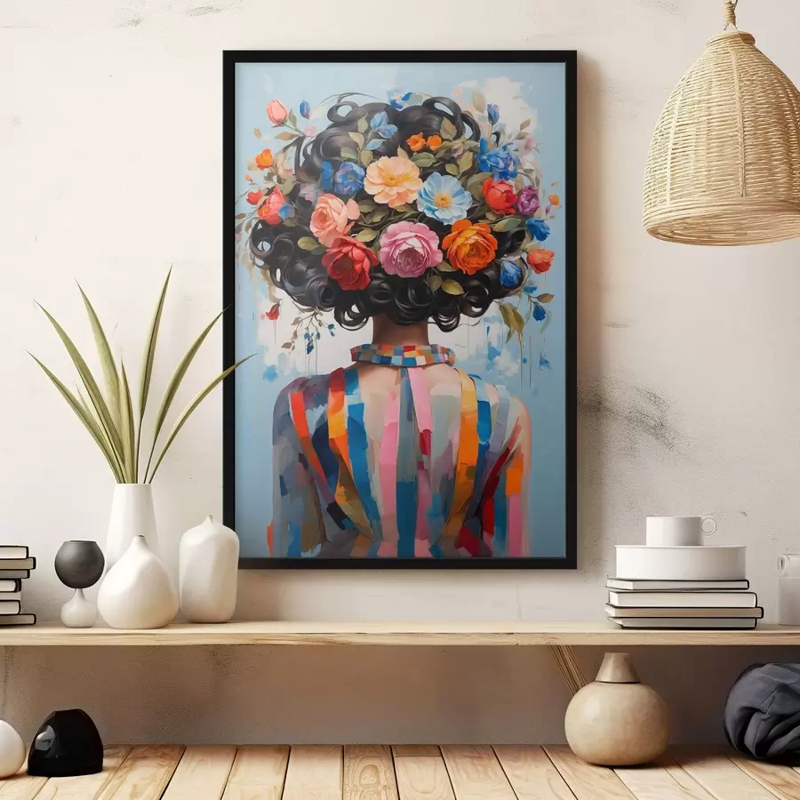 Fototapetes Meitene ar krāsainu kleitu un ziediem f42524