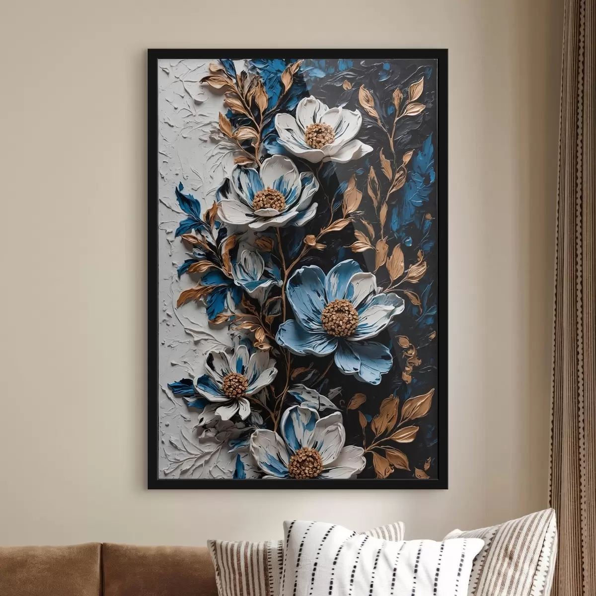 Plakāts Ziedi un stublāji uz melnā un baltā fona eļļas gleznošanas stilā f42532