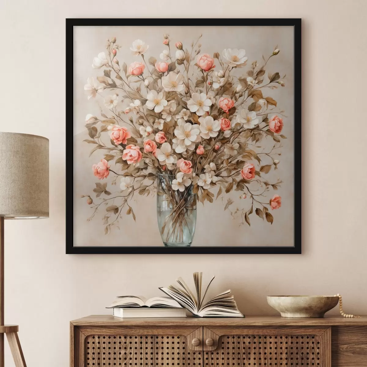 Plakāts Ziedi caurspīdīgā vāzē uz bēša fona f42534