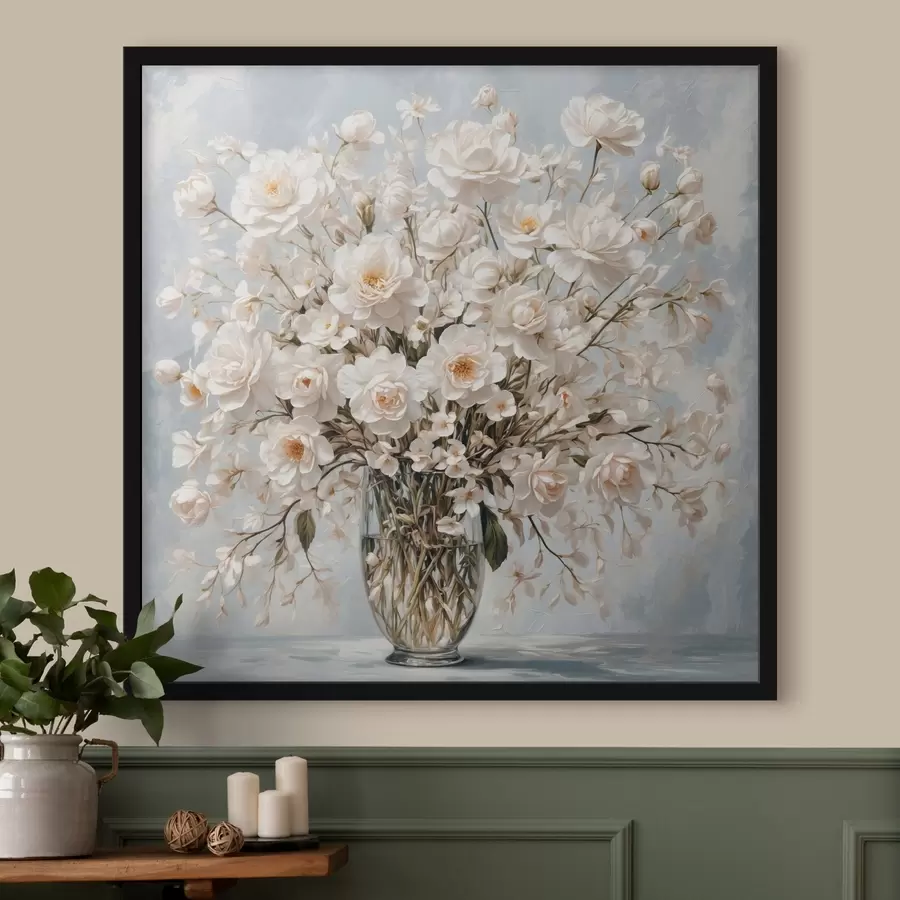 Fototapetes Balti ziedi caurspīdīgā vāzē akrila glezniecības stilā f42545