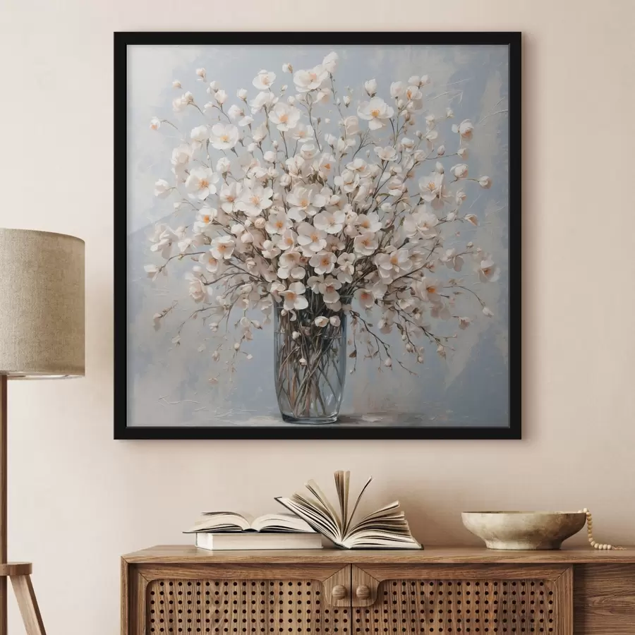 Fototapetes Balti ziedi caurspīdīgā vāzē f42547