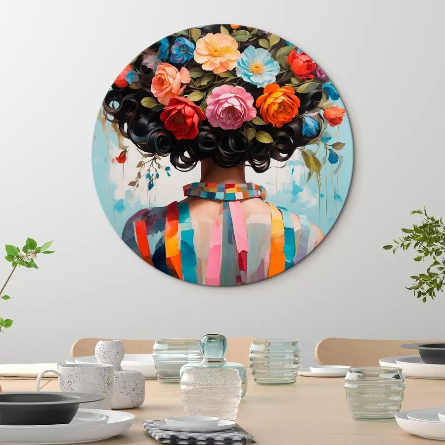 Glezna Meitene ar krāsainu kleitu un ziediem r42524