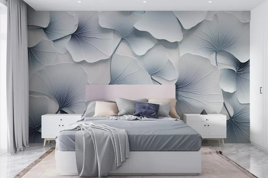 Fototapetes Gaiši zilas ginkgo lapas ar maigiem gradientiem un maigām dzīslām, kas pārklājas viena ar otru  w08666