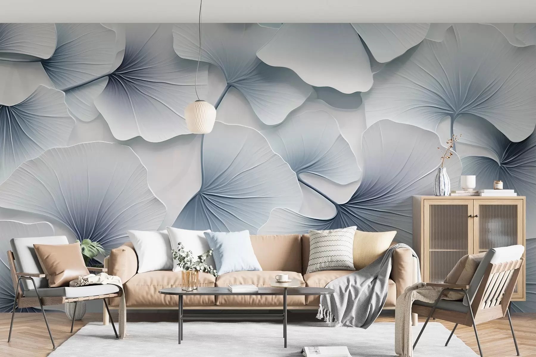 Fototapetes Gaiši zilas ginkgo lapas ar maigiem gradientiem un maigām dzīslām, kas pārklājas viena ar otru  w08666