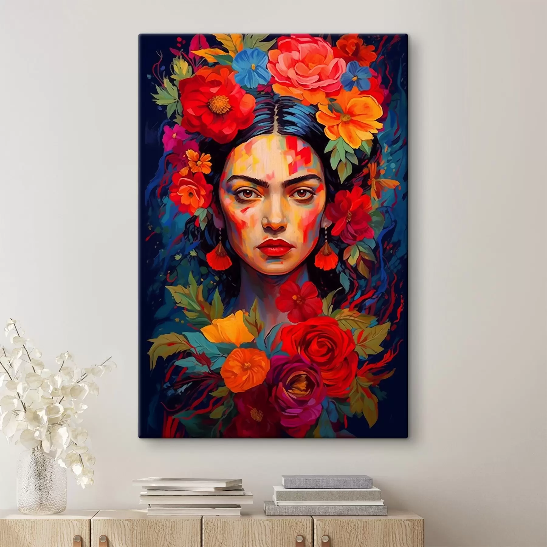 Glezna Sievietes portrets ar ziedu rāmi spilgtā abstraktā stilā s42653
