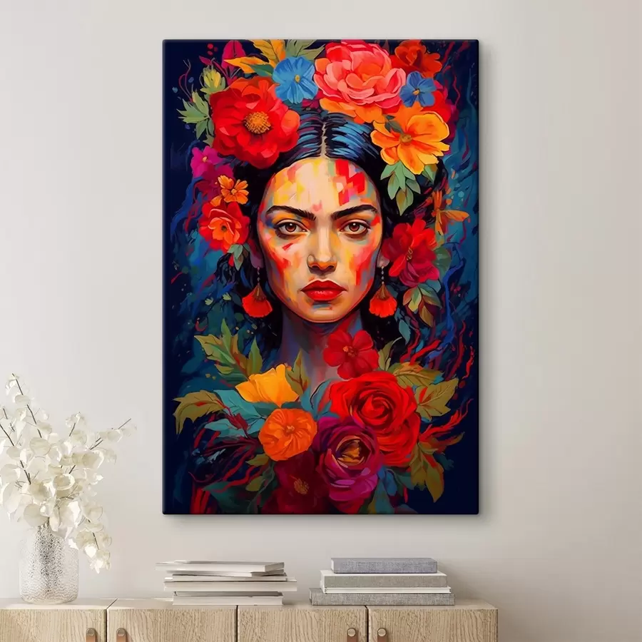 Glezna Sievietes portrets ar ziedu rāmi spilgtā abstraktā stilā s42653