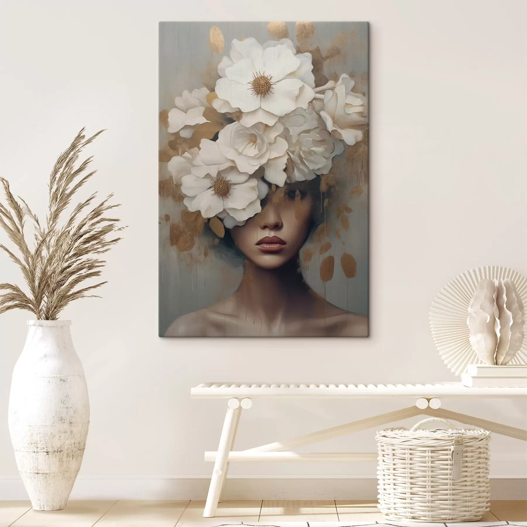 Glezna Portrets ar baltiem ziediem s42664