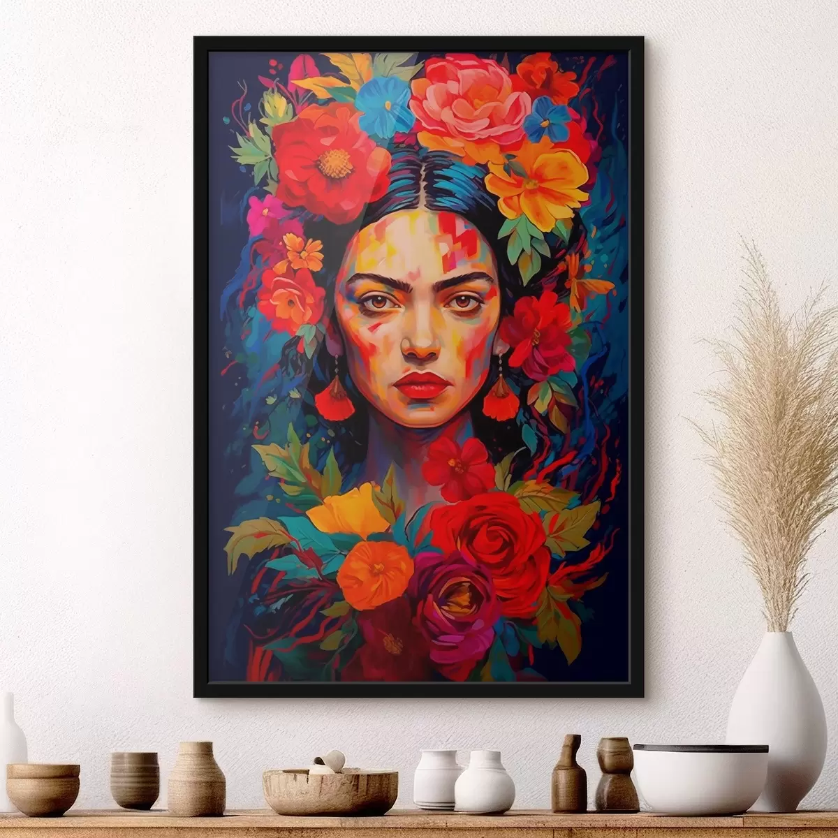 Plakāts Sievietes portrets ar ziedu rāmi spilgtā abstraktā stilā f42653