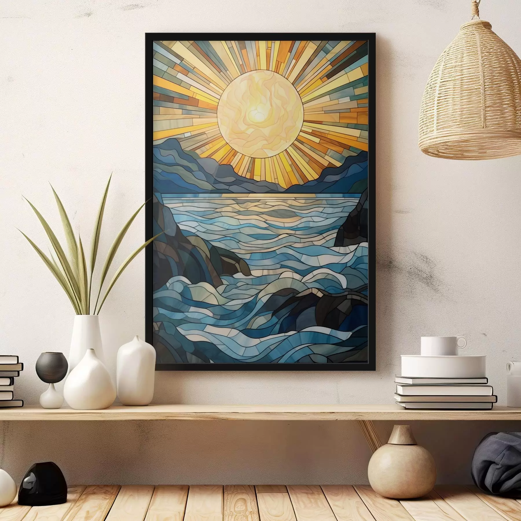 Glezna Saule un viļņi vitrāžas stilā f42654